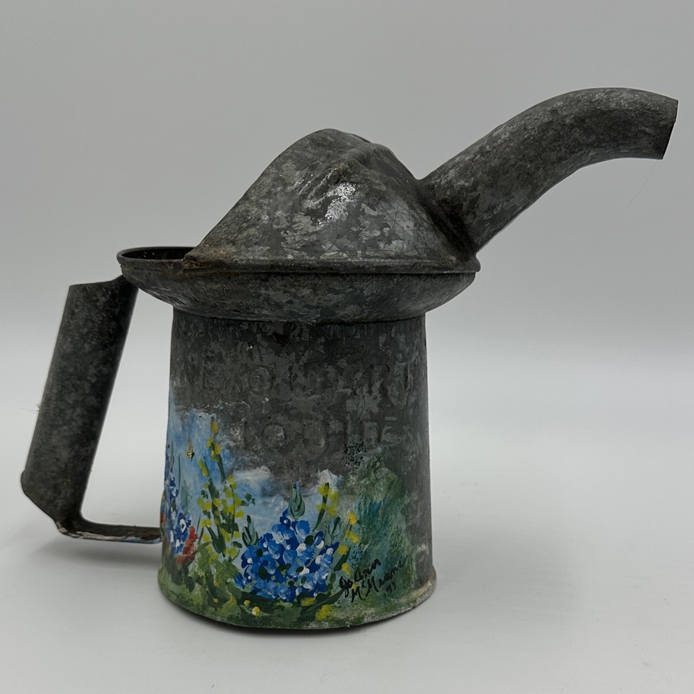 Vintage Galvanized Can with Bluebonnet Handpainted Scene Signed by Artist